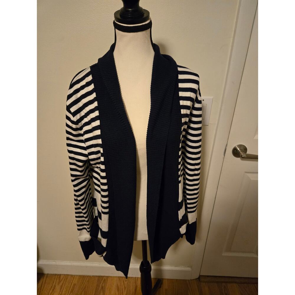 Premise Studio Long Sleeve Wrap Sweater Navy Blue and White Stripes
